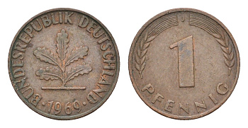 ФРГ 1 пфенниг 1969 J KM 105 J. 380 сталь плакированная медью 4685-1222
