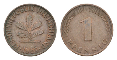 ФРГ 1 пфенниг 1969 J KM 105 J. 380 сталь плакированная медью 4685-1222