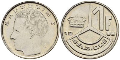 Бельгия 1 франк 1989 Belgique, Бодуэн I (1951-1993) KM 170 железо плакированное никелем 4528-1037