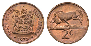 ЮАР 2 цента 1972 герб, антилопа гну KM 83 бронза UNC 4693-412