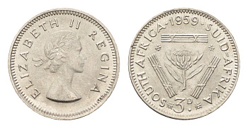 ЮАР 3 пенса 1959 Елизавета II (1952-2022) KM 47 серебро UNC 4679-139