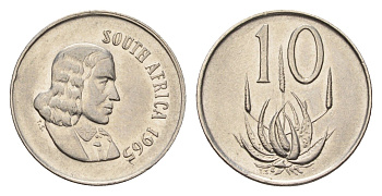 ЮАР 10 центов 1965 Ян ван Рибек (1619-1677), South Africa, легенда на африкаанс, цветок алоэ KM 68.1 медно-никель 4682-726