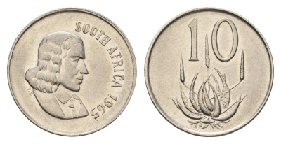 ЮАР 10 центов 1965 Ян ван Рибек (1619-1677), South Africa, легенда на африкаанс, цветок алоэ KM 68.1 медно-никель 4682-726