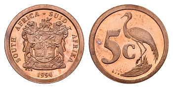 ЮАР 5 центов 1994 герб, райский журавль KM 134 сталь плакированная медью PROOF 4693-357
