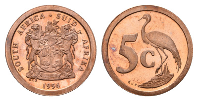 ЮАР 5 центов 1994 герб, райский журавль KM 134 сталь плакированная медью PROOF 4693-357