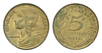 Франция 5 сантимов 1975 KM 933 алюминиевая бронза 4685-1225