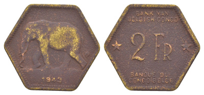 Бельгийское Конго 2 франка 1943 KM 25 латунь 4650-441