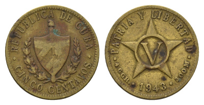 Куба 5 сентаво 1943 год-тип KM 11.3a латунь 4689-1248
