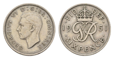 Великобритания 6 пенсов 1951 Георг VI (1936-1952) KM 875, Spink 4110 медно-никель 99-1056