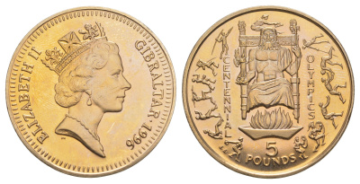 Гибралтар 5 фунтов 1996 100 лет Олимпийским играм KM 355 вирениум BU 413-2945