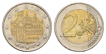 Германия 2 евро 2010 D, Бремен, городская ратуша и Роланд, серия Федеральные земли Германии KM 285 биметалл 4693-1045