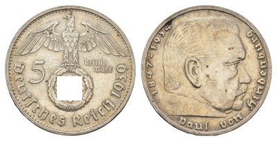 Германия 5 рейхсмарок 1939 B, Пауль фон Гинденбург (1847-1934) KM 94, J. 367 серебро 1518-1722