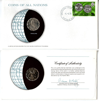 Свазиленд 20 центов 1975 конверт с маркой первого дня гашения, Coins of Nations KM 11 медно-никель UNC 4295-19-1