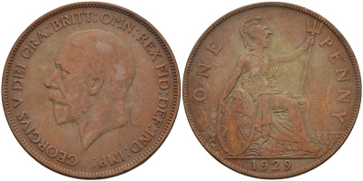 Великобритания 1 пенни 1929 Георг V (1910-1936) KM 838, Spink 4055 бронза 4593-221