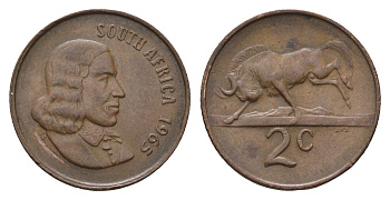 ЮАР 2 цента 1965 Ян ван Рибек (1619-1677), South Africa, легенда на английском, антилопа KM 66.1 бронза 4693-545