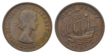 Великобритания 1/2 пенни 1957 Елизавета II (1952-2022) KM 896, Spink 4158 бронза 94-721