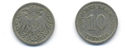 ГЕРМАНИЯ 10 ПФЕННИГОВ 1899 A KM 12, J. 13 медно-никель 58-215