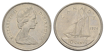 Канада 10 центов 1974 Елизавета II (1952-2022), парусник KM 77 никель 4689-541
