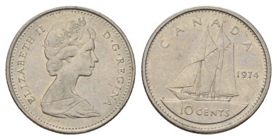 Канада 10 центов 1974 Елизавета II (1952-2022), парусник KM 77 никель 4689-541