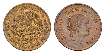 Мексика 5 сентаво 1974 Жозефа Ортис де Домингес KM 427 латунь UNC 4685-649