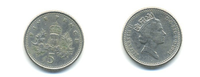 Великобритания 5 пенсов 1991 Елизавета II (1952-2022) KM 937b, Spink 4372 (D4) медно-никель 59-644