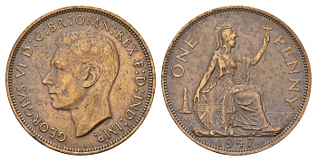 Великобритания 1 пенни 1947 Георг VI (1936-1952) КМ 845, Spink 4114 бронза 4111-1045