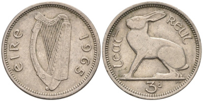 Ирландия 3 пенса 1965 заяц KM 12а медно-никель 92-236