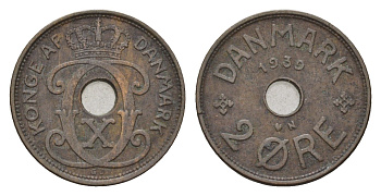 Дания 2 эре 1939 N, Кристиан X (1912-1947) KM 827 бронза 4701-917