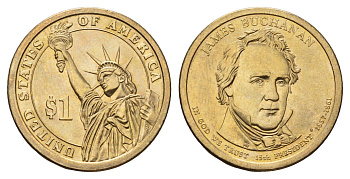 США 1 доллар 2010 P, Президент США - Джеймс Бьюкенен (1857-1861) KM 477 медь с марганцево-латунным покрытием UNC 4698-933