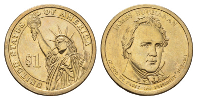 США 1 доллар 2010 P, Президент США - Джеймс Бьюкенен (1857-1861) KM 477 медь с марганцево-латунным покрытием UNC 4698-933