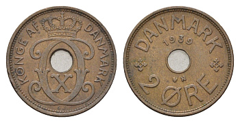 Дания 2 эре 1939 N, Кристиан X (1912-1947) KM 827 бронза 4701-867