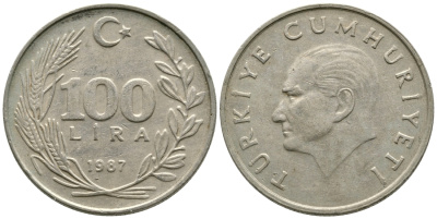 ТУРЦИЯ 100 ЛИР 1987 KM 967 медь никель цинк 29-111