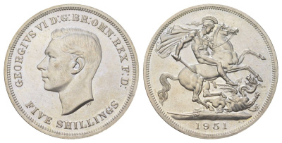Великобритания 1 крона (5 шиллингов) 1951 Георг VI (1936-1952), фестиваль Британии, Георгий Победоносец KM 880, Spink 4111 медно-никель UNC 4578-214
