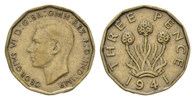 Великобритания 3 пенса 1941 Георг VI (1936-1952) KM 849, Spink 4112 никель латунь 92-1251