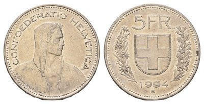 Швейцария 5 франков 1994 B KM 40a.4 медно-никель 4536-1131