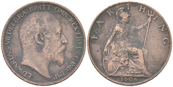 Великобритания 1 фартинг 1906 Эдуард VII (1901-1910) KM 792, Spink 3992 бронза 4613-445