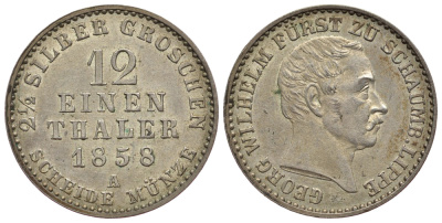 Шаумбург-Липпе 1/12 талера 1858 A, Георг Вильгельм (1787-1860) KM 47, AKS 7 серебро 00-812-64