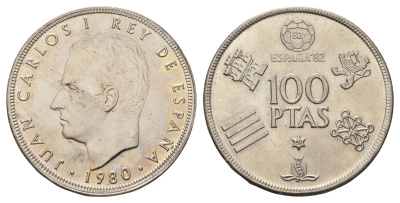 Испания 100 песет 1980 (80) Чемпионат мира по футболу 1982, Испания KM 820 медно-никель UNC 4557-1015