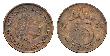 Нидерланды 5 центов 1950 Юлиана (1948-1980) KM 181 бронза 4685-113