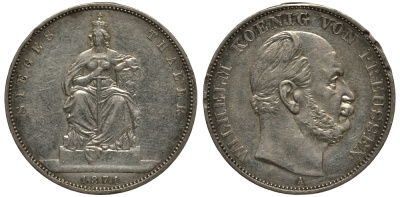 Пруссия 1 талер 1871 A, Вильгельм I (1861-1888), победа над Францией КМ 500, AKS 118, Th. 272 серебро 3711-313