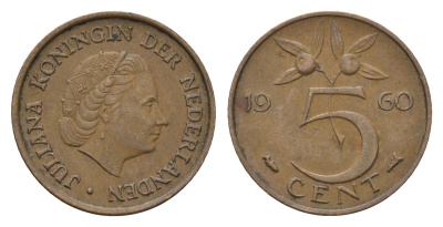 Нидерланды 5 центов 1960 Юлиана (1948-1980) KM 181 бронза 4685-118