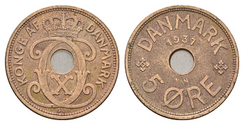 Дания 5 эре 1937 N, Кристиан X (1912-1947) KM 828 бронза 4700-842
