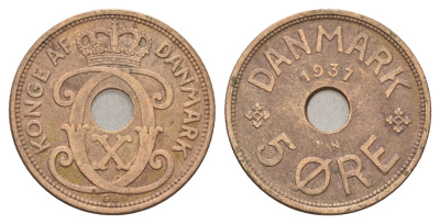 Дания 5 эре 1937 N, Кристиан X (1912-1947) KM 828 бронза 4700-842