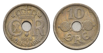 Дания 10 эре 1924 NCH, Кристиан X (1912-1947) KM 822 медно-никель 4701-924