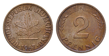 ФРГ 2 пфеннига 1967 F KM 106, J. 381 бронза 3458-711