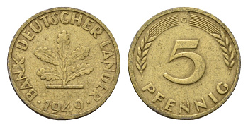 ФРГ 5 пфеннигов 1949 G KM 102, J. 377 сталь плакированная латунью 4685-368