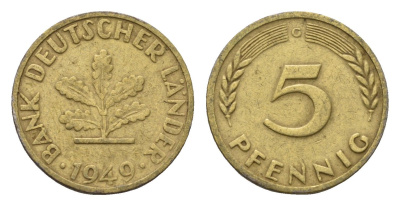 ФРГ 5 пфеннигов 1949 G KM 102, J. 377 сталь плакированная латунью 4685-368