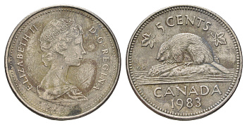 Канада 5 центов 1983 Елизавета II (1952-2022), бобр KM 60.2a медно-никель 4689-424