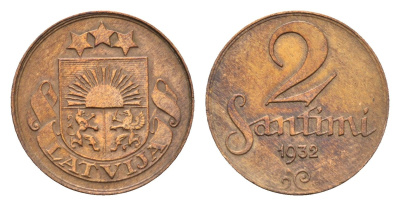 Латвия 2 сантима 1932 KM 2 бронза 4679-244