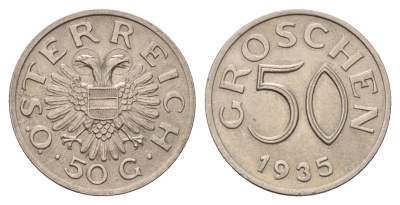 Австрия 50 грошей 1935 KM 2854 медно-никель 54-1555